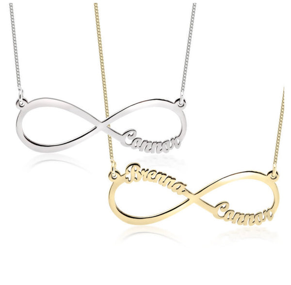 Personalized Infinity Name necklace available in solid gold or plated options.