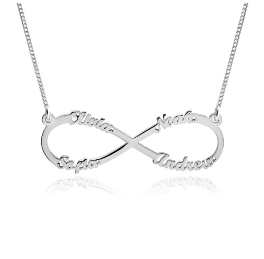 example of personalized infinity necklace with 4 names available in solid white gold or sterling silver options. 