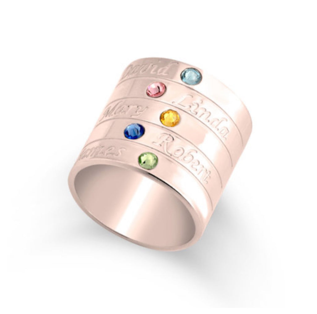 Personalized birthstone band in rose gold plating.