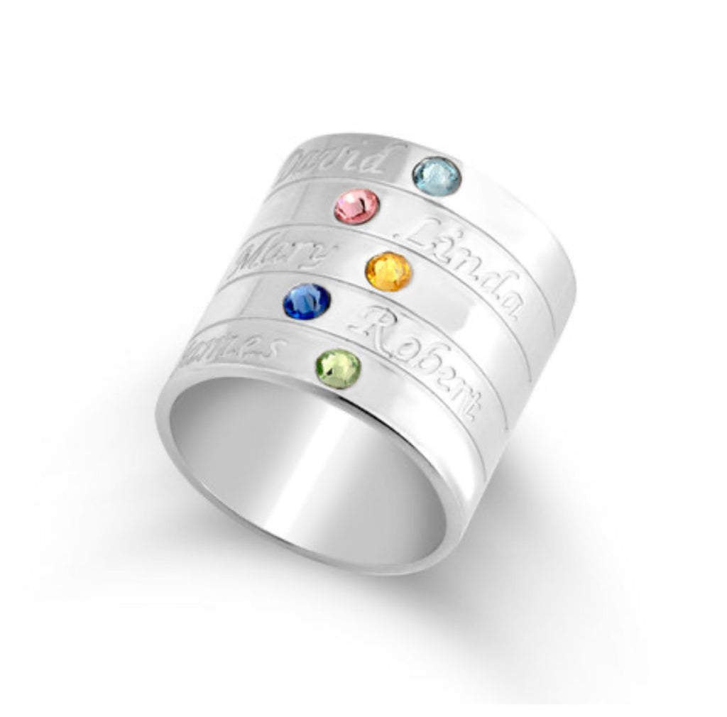personalized birthstone band in sterling silver plating.