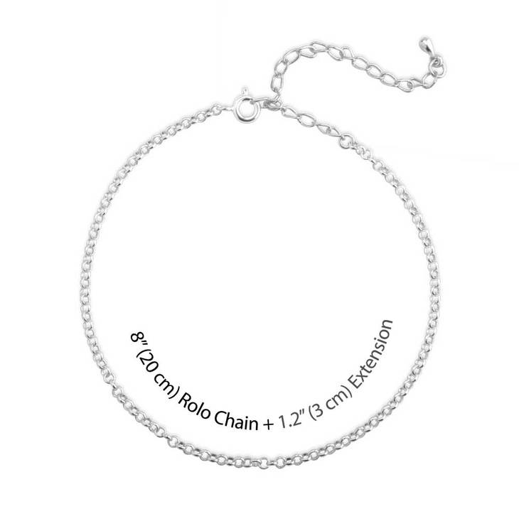 Sterling silver chain showing 8 inch length with 1.2 inch extension for anklet.