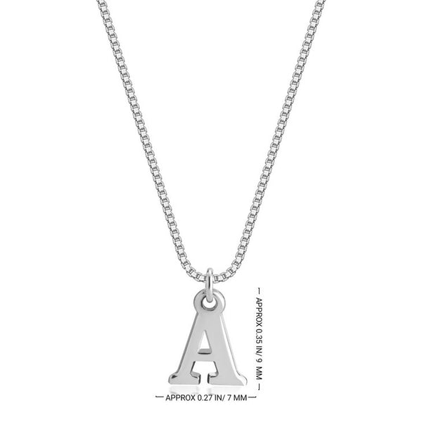 Personalized capital initial necklace showing dimensions in sterling silver or solid white gold option.