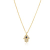 Hamsa brings good luck, happiness, health, good fortune and protection. Our Gold plated Hamsa Necklace is lined with small cubic zirconia and a blue stone. 