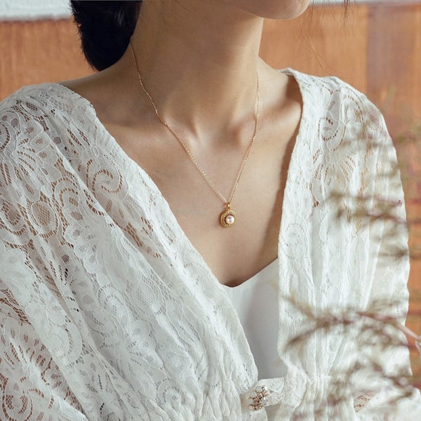 Woman in Lace Blouse wearing 14K Gold Plated Freshwater Pearl Pendant Necklace 