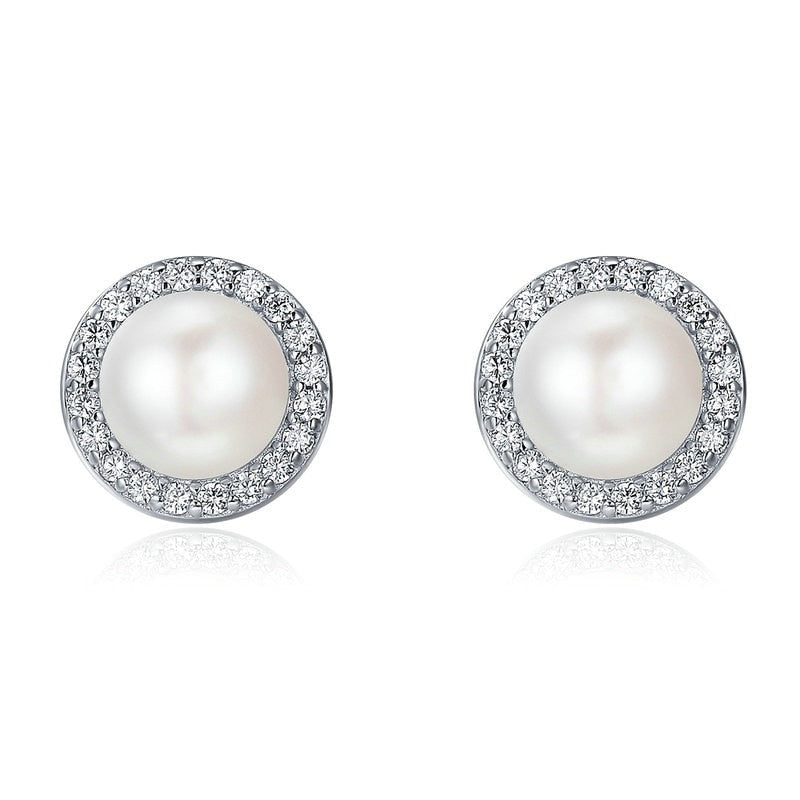 Sterling Silver Halo Pearl Studs from NAZ Parure Jewelry.