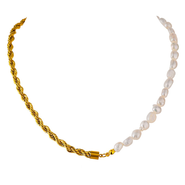 18K gold plated Rope Chain with freshwater Pearls on white background