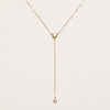 14K Gold filled Zirconia Y Necklace on white background.