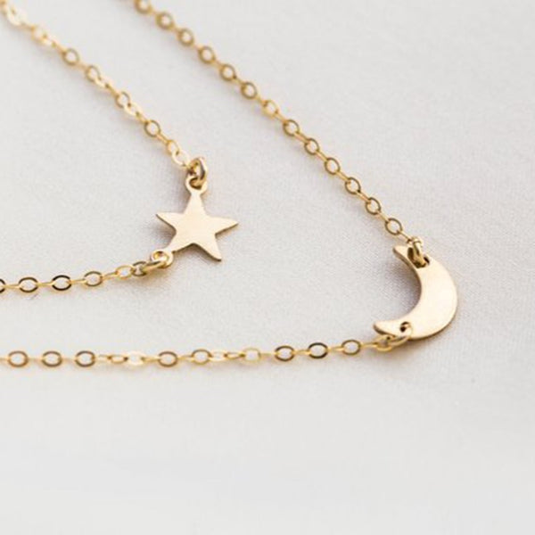 NAZ Parure 14K Gold filled celestial moon and star necklace on white background