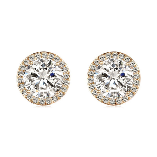 14K gold plated Rhinestone Halo Studs against a white backgound.