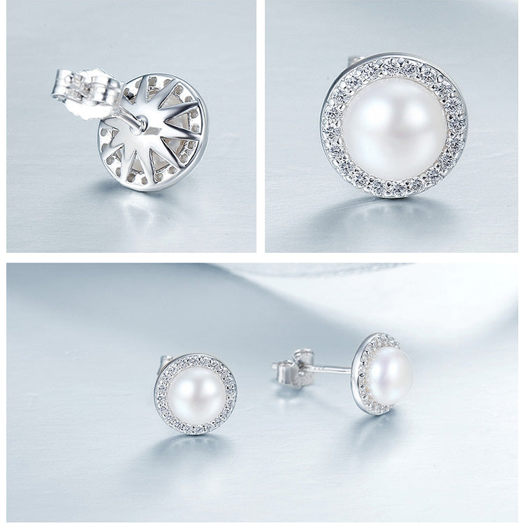 Close up of Halo Pearl Studs made with freshwater pearls.