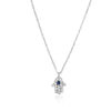 Hamsa brings good luck, happiness, health, good fortune and protection. Our dainty Hamsa Necklace is lined with small cubic zirconia and a blue stone. 