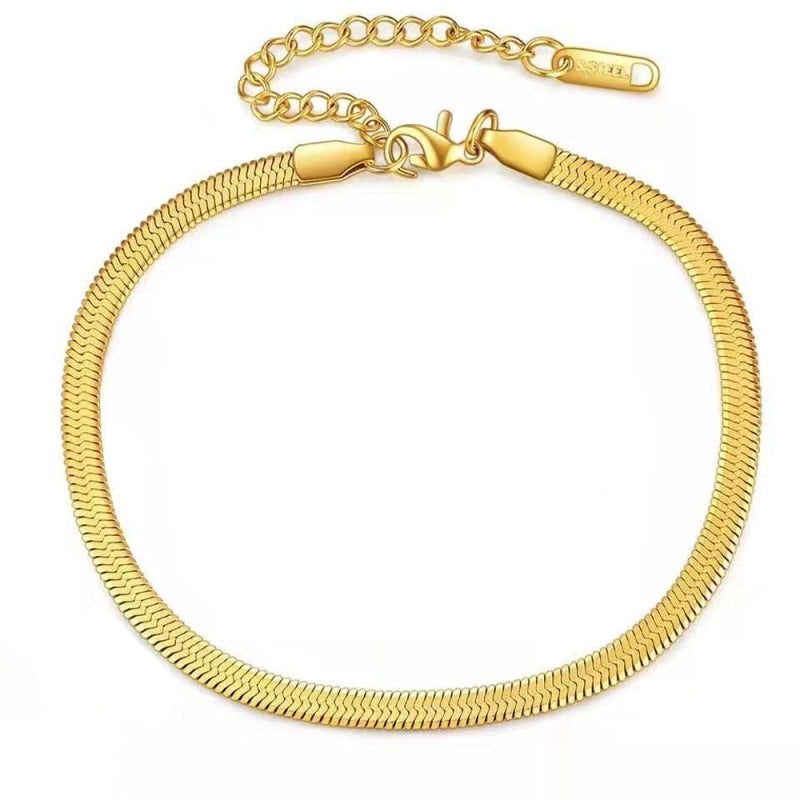 18K gold vacuum plated Herringbone Anklet on stainless steel against a white background.