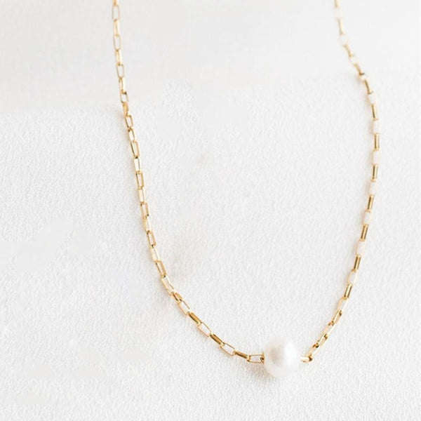 Gold Filled Chain Link Single Pearl Necklace - [NAZ Parure]