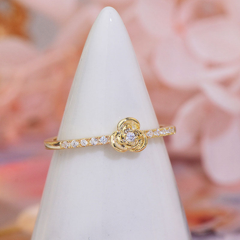 Closeup of 14K gold plated Delicate Rose Ring from NAZ Parure.