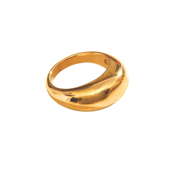 14K Gold-Plated Dome Ring on Stainless Steel which makes it anti-tarnish, hypoallergenic and waterproof. 