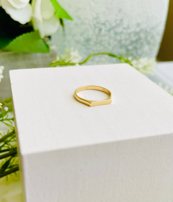 18K Gold Filled Flat Top Ring From NAZ Parure on white wooden block with greenery in background.