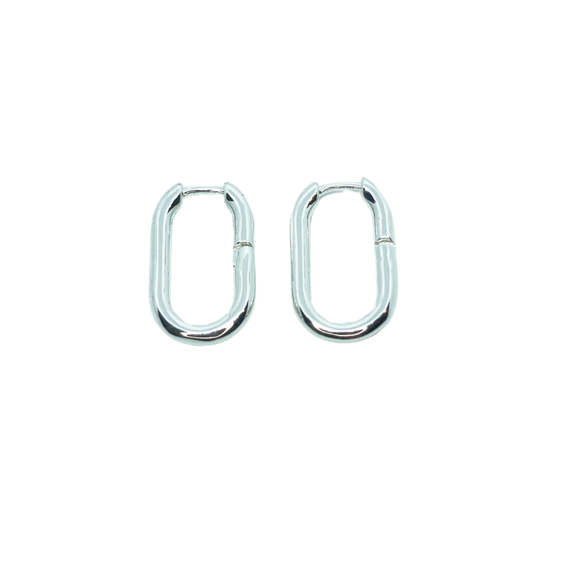 Sterling silver Oval Hoop Earrings against a white background.