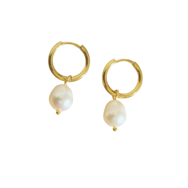 18K gold plated Pearl Drop Gold Hoops against a white background.