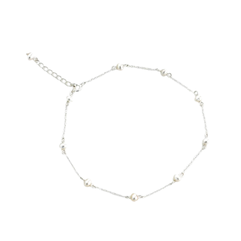 925 Sterling Pearl Anklet against white background