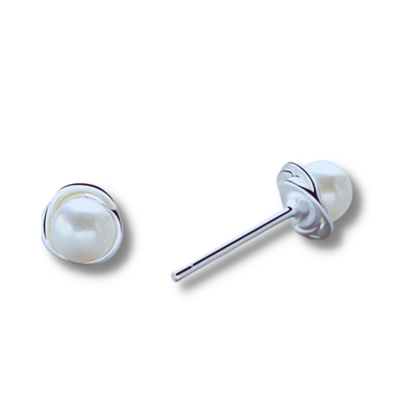 Sterling Pearl Studs on white background.
