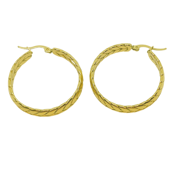 18K gold plated Wheat Hoops on white background.